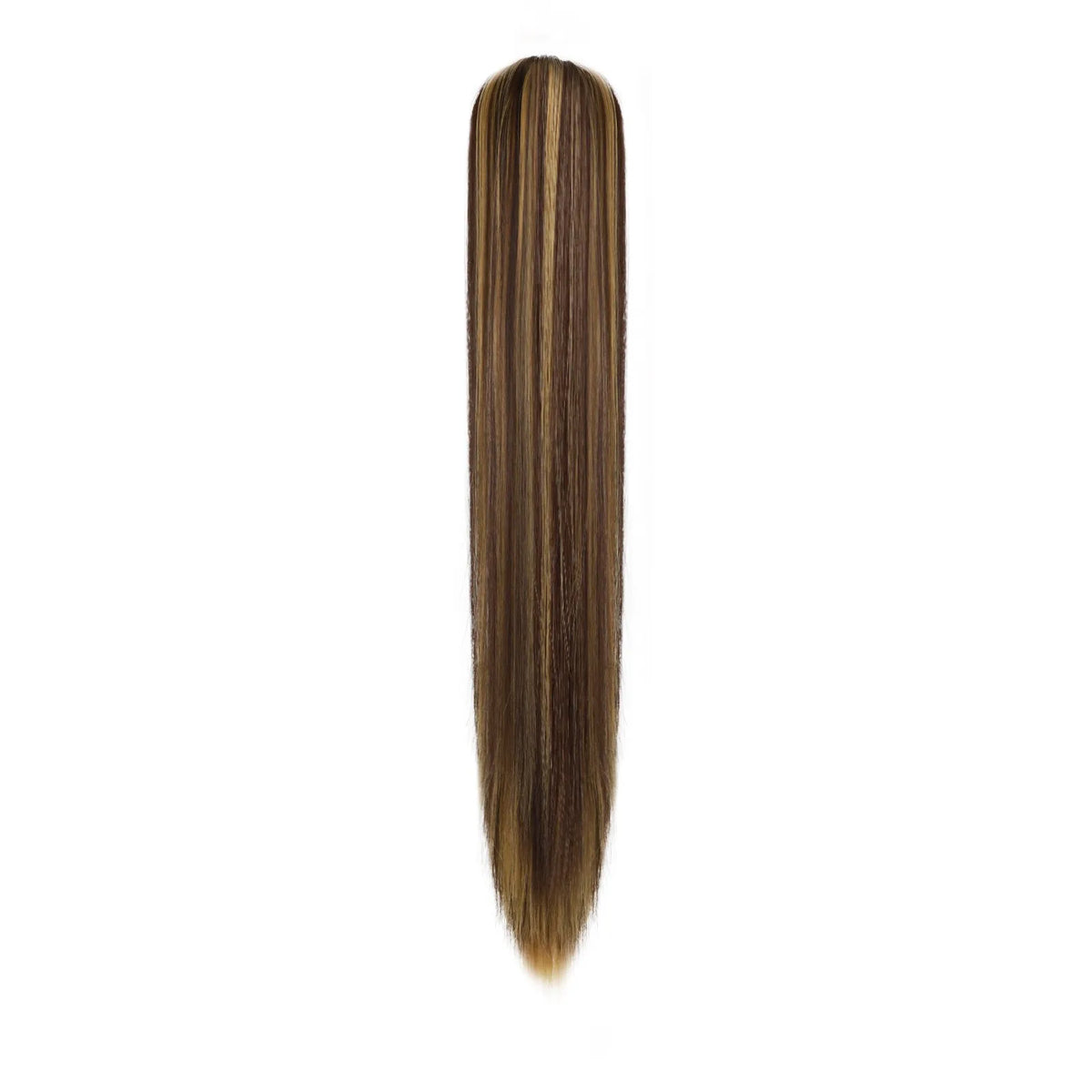 A straight, 24-inch brown hair extension for a ponytail.