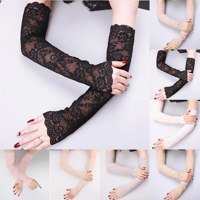 Black lace anti-sunburn arm sleeves for women shown in various angles