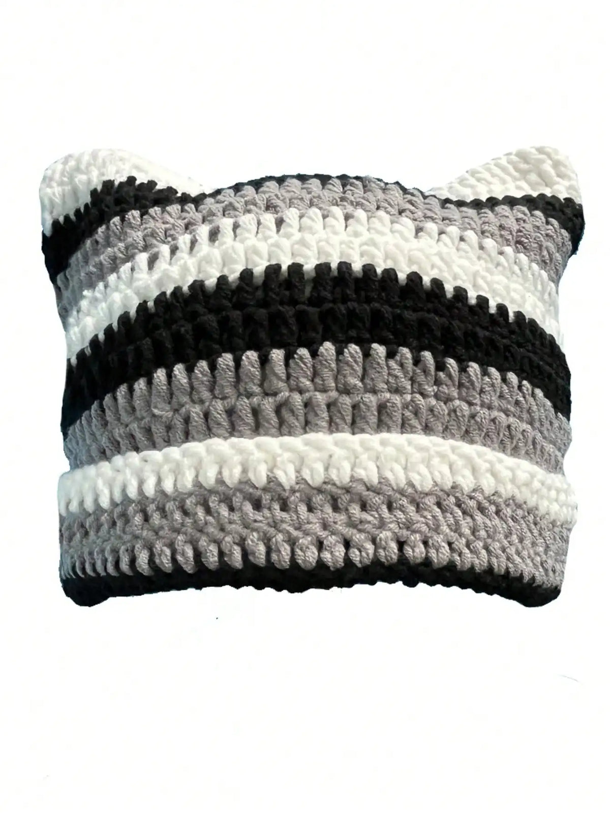 A striped crocheted beanie hat featuring alternating black, white, and gray yarn bands.
