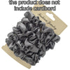 A pile of gray satin hair scrunchies is shown on a cardboard tag.