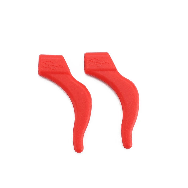 A pair of red silicone ear hooks designed for eyeglasses or sports use.