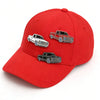 Red baseball cap featuring three silver metal clip pins of classic American cars