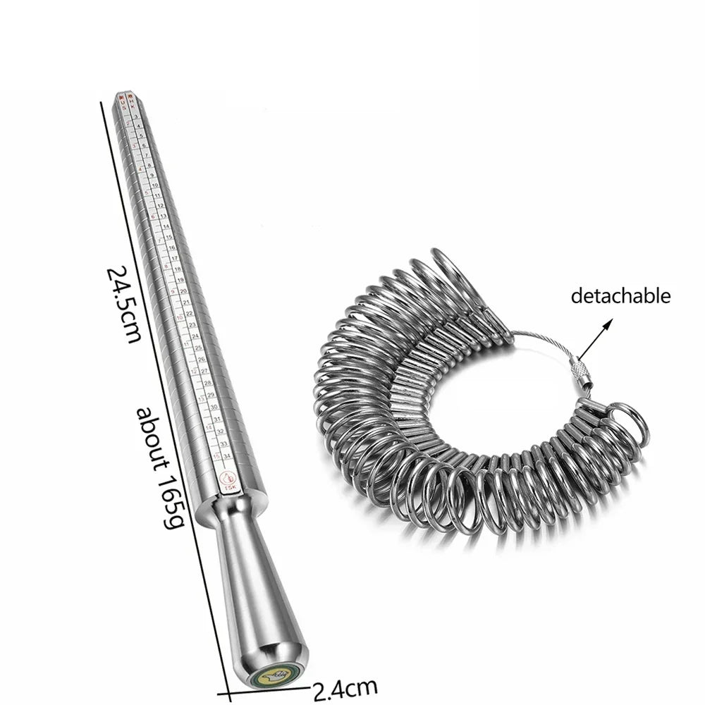 A metal ring sizer tool with a 24.5cm scale and a detachable coil is shown.