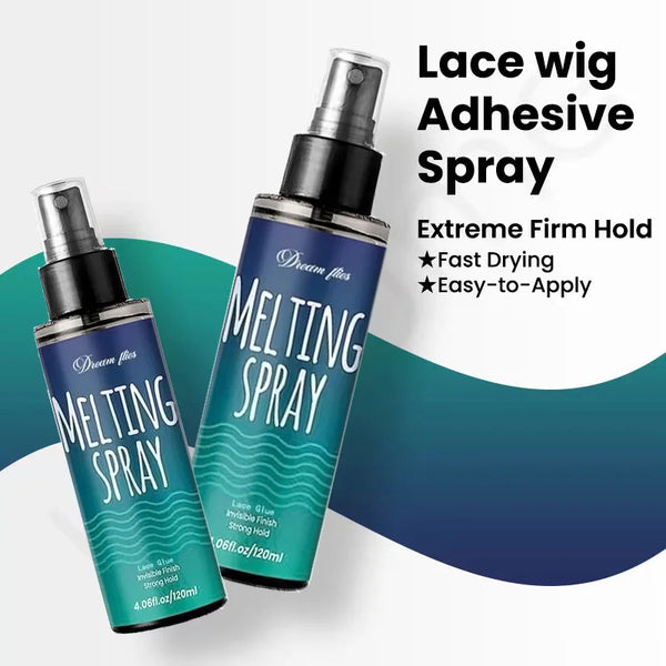 A bottle of Melting Spray for lace wigs is shown with text describing extreme firm hold, fast drying, and easy-to-apply.
