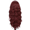 A long, dark reddish-brown synthetic wig with voluminous curly hair.