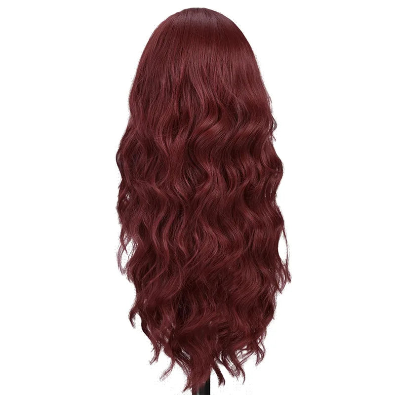 A long, dark reddish-brown synthetic wig with voluminous curly hair.