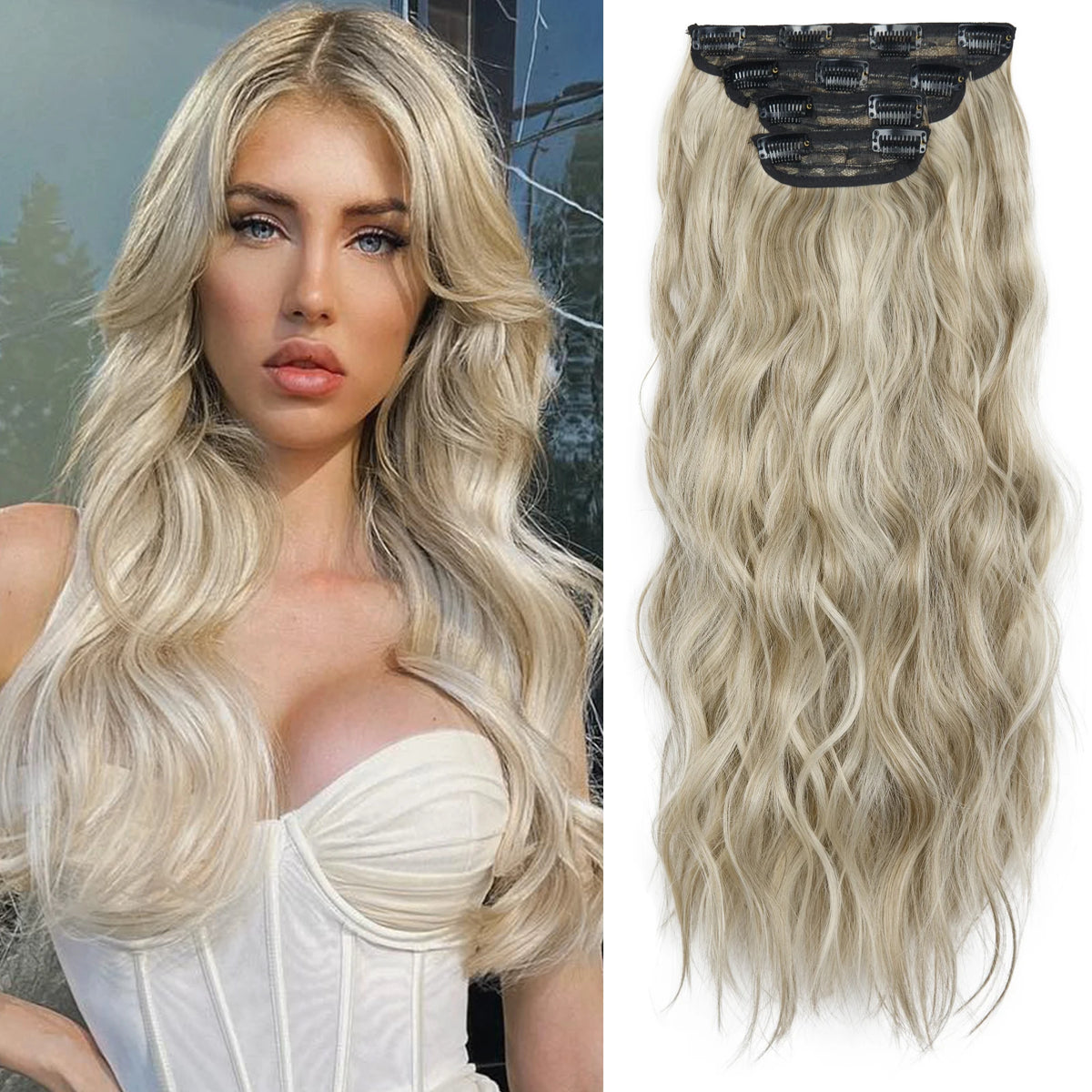 Long blonde wavy hair extension with dark ombre clips