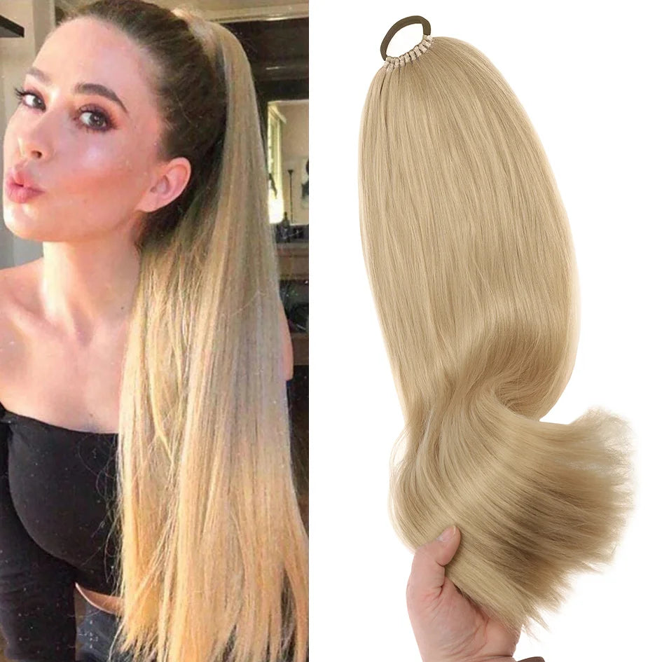 A close-up of a woman modeling an ultra-long straight blonde hair extension wig.