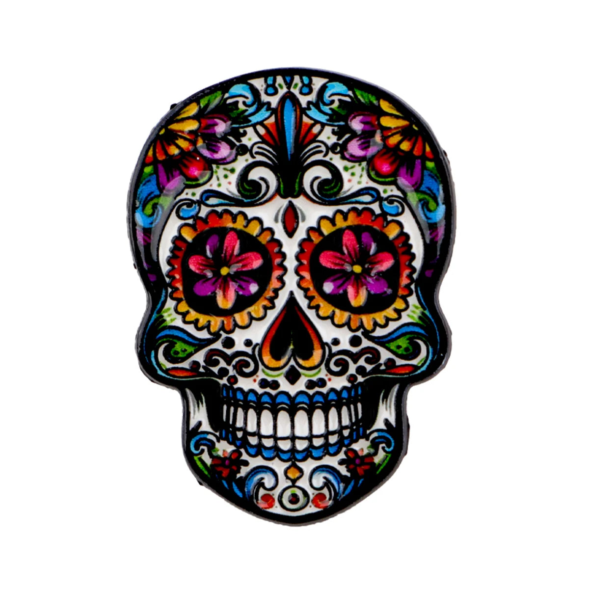 Colorful Mexican skull enamel pin brooch featuring vibrant floral designs and intricate details.