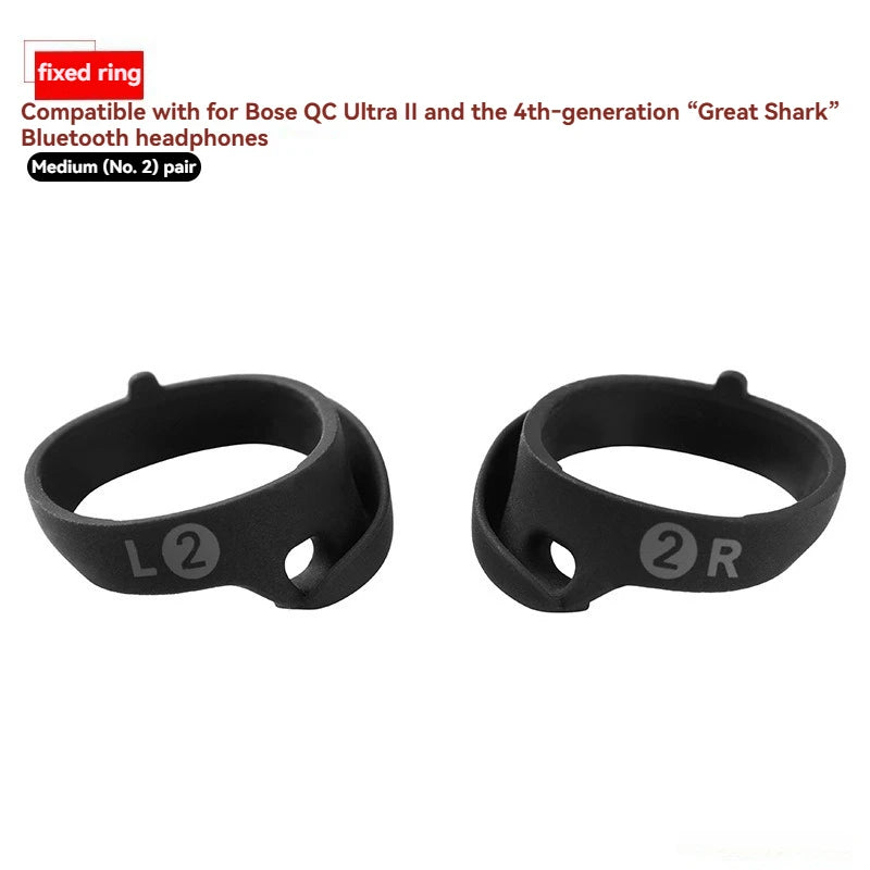 Black silicone fixed ring ear tips labeled L and R for Bose QC Ultra II and Great Shark Bluetooth headphones