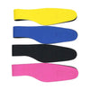 Three colored adjustable swimming headbands: yellow, blue, and pink.