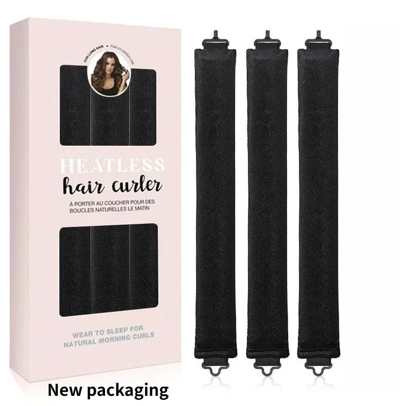 Eine Box mit drei schwarzen Satin-Flexi-Haarkurlen für Locken ohne Hitze und Anleitung.