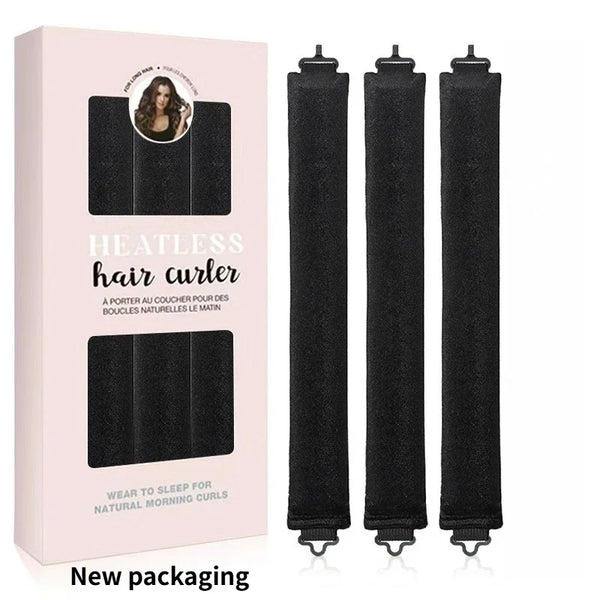 A box and three black satin flexi hair curlers for heatless curls with instructions.