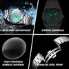 A luxury men's waterproof quartz wristwatch featuring a green dial and a stainless steel strap.