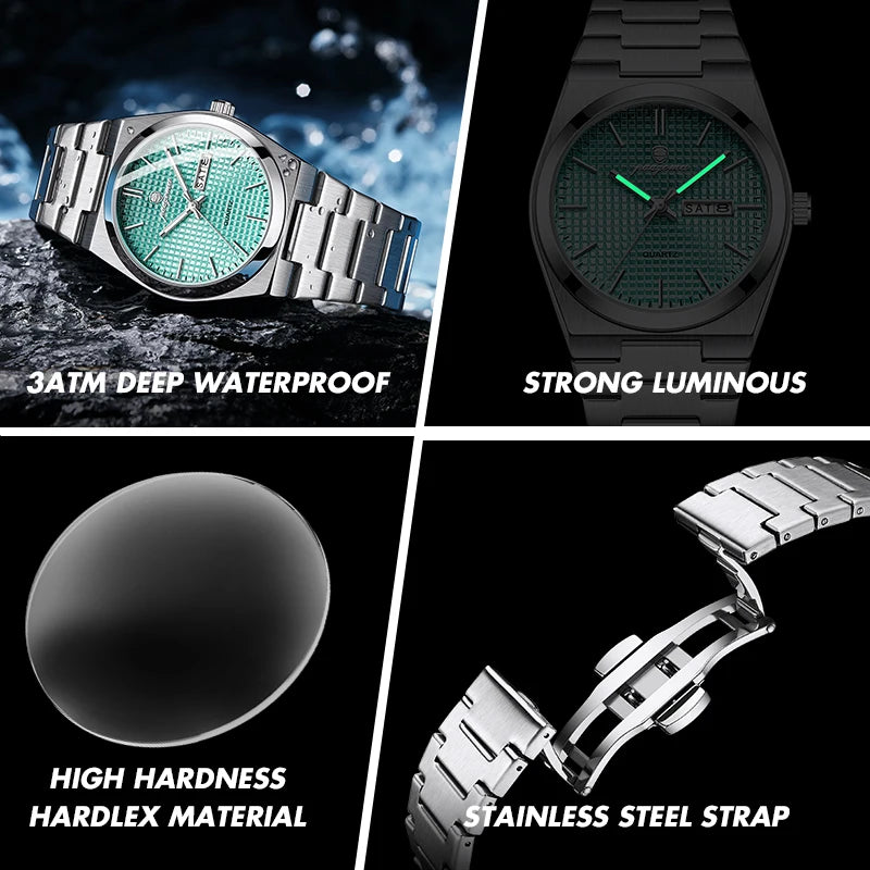 A luxury men's waterproof quartz wristwatch featuring a green dial and a stainless steel strap.