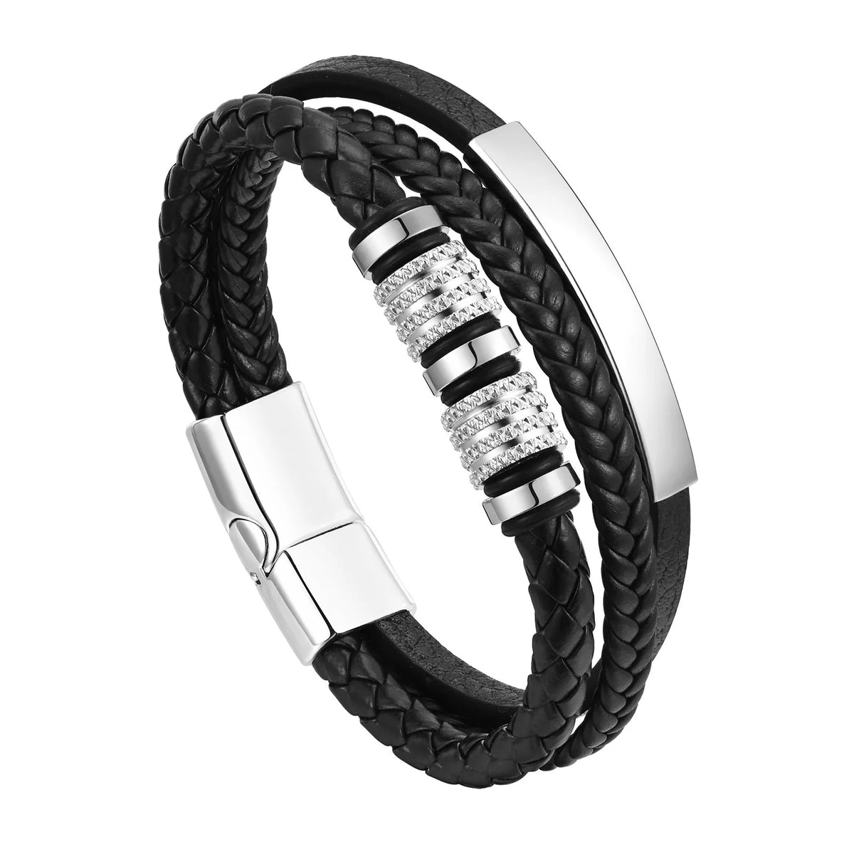 Schwarzes geflochtenes Lederarmband mit silberner Schnalle und Diamantakzenten.