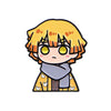 An enamel pin featuring an anime-style character with orange hair and yellow eyes wearing a gray scarf.