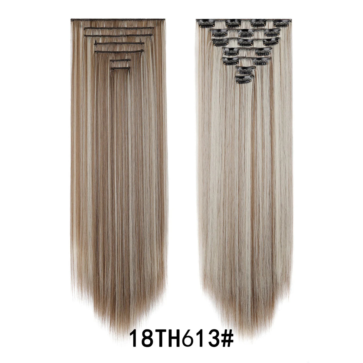 A pair of long, straight hair extensions in a light brown shade shown side by side.