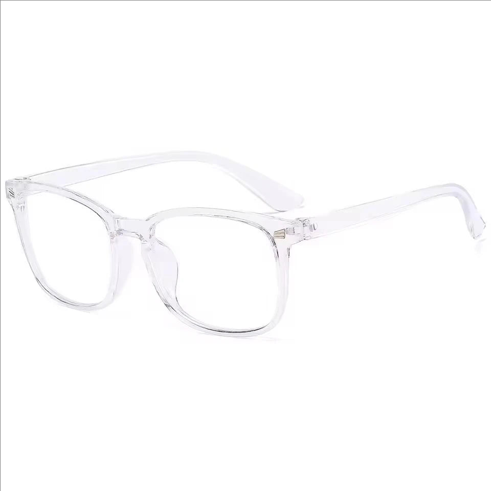 Une paire de lunettes transparentes bleues minimalistes avec des montures claires.