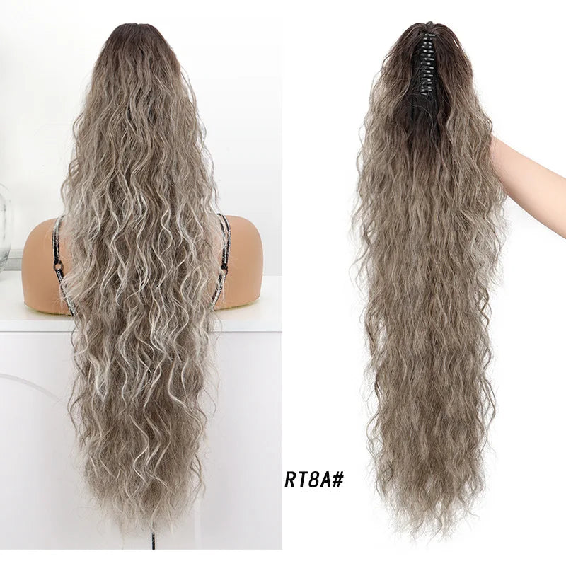 Long, wavy, gray synthetic hair in a ponytail displayed against a white background.