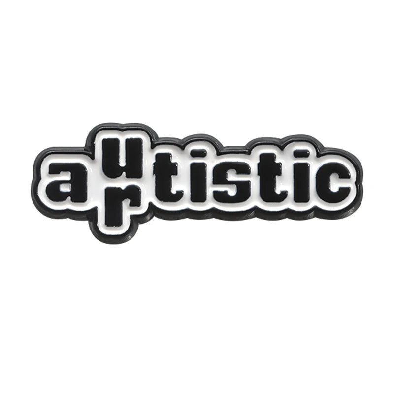 Black enamel lapel pin with the word artistic in a stylized font.