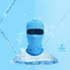A light blue tactical full face balaclava is shown floating above a piece of ice with wisps of steam.