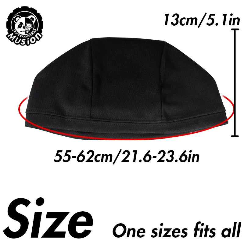 Black moisture-wicking cycling beanie cap shown with size dimensions.