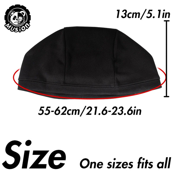 Black moisture-wicking cycling beanie cap shown with size dimensions.