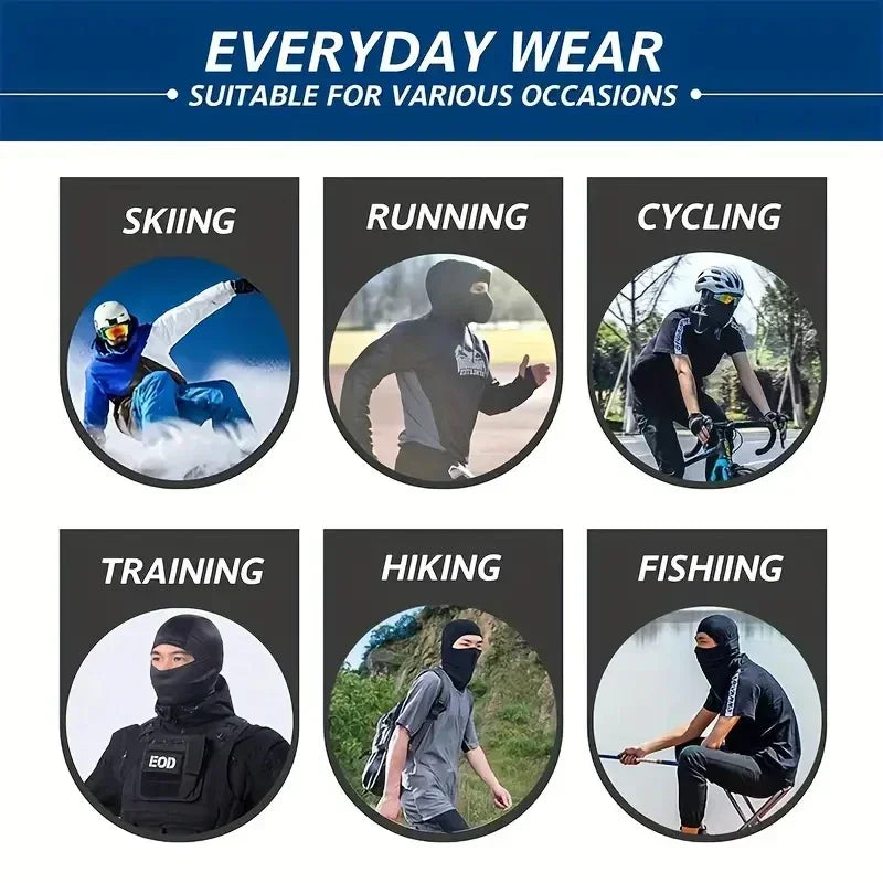 A collection of activities showing a hood suitable for skiing, running, cycling, training, hiking, and fishing.