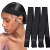 Black adjustable elastic bands for wig edges shown next to a model's head