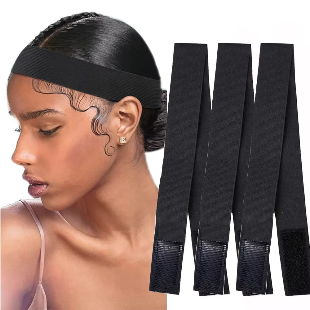 Black adjustable elastic bands for wig edges shown next to a model's head