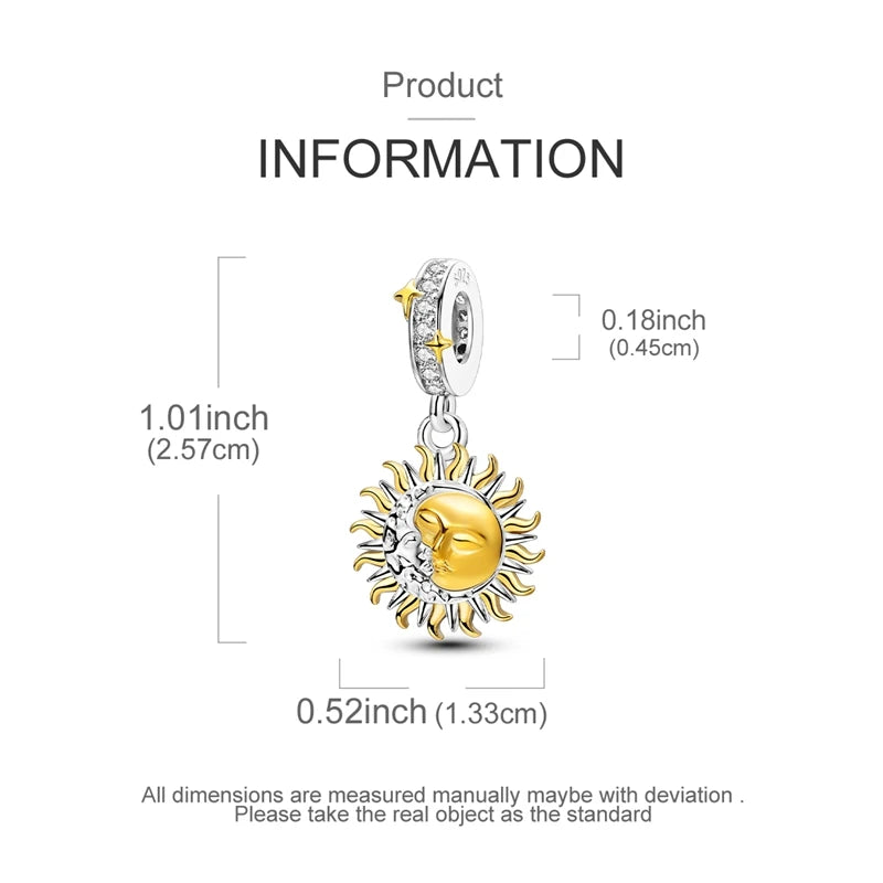 A sterling silver star moon charm is shown with dimensions of 1.01 inches by 0.52 inches.