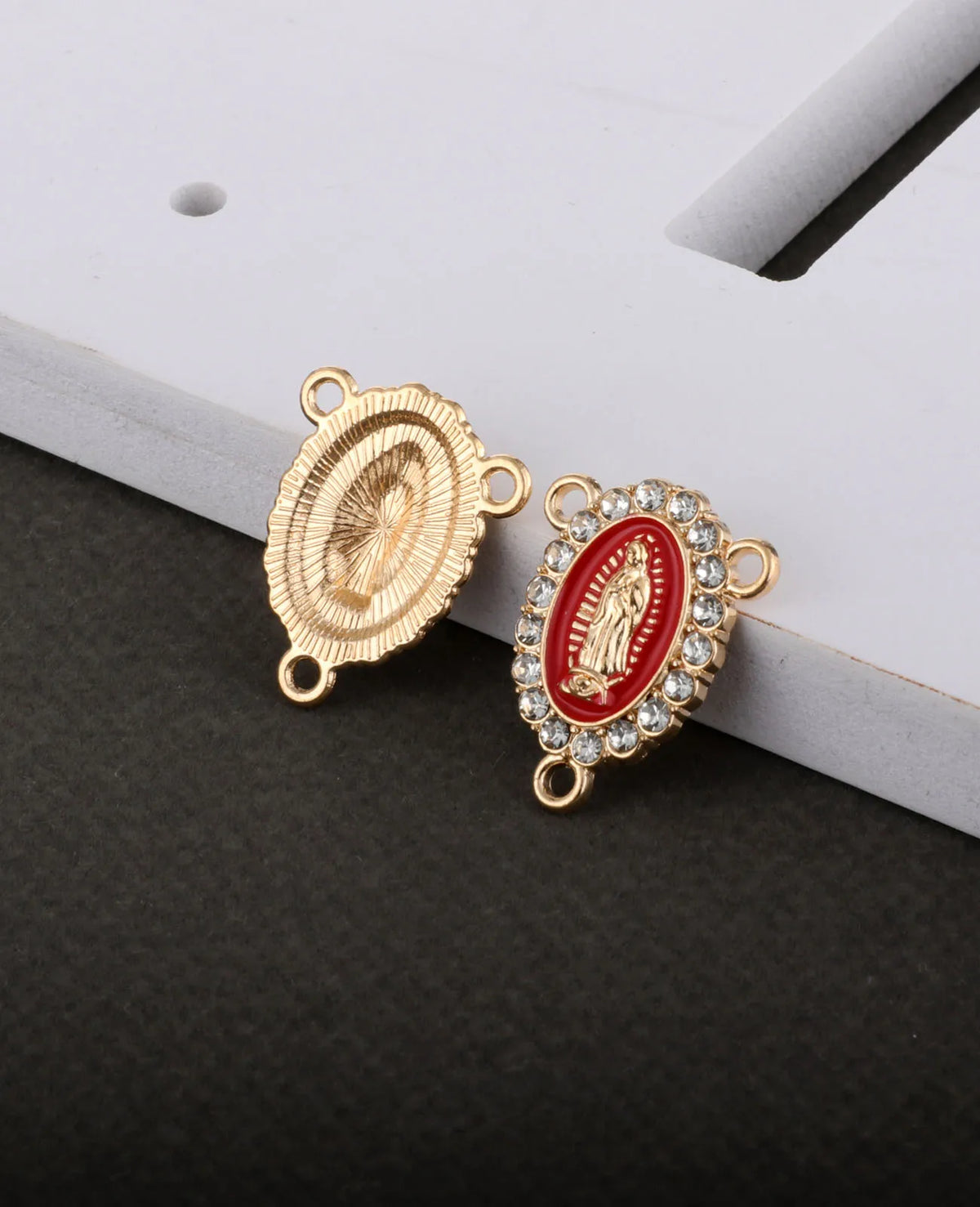 Gold and red rosary centerpiece connectors with small clear stones