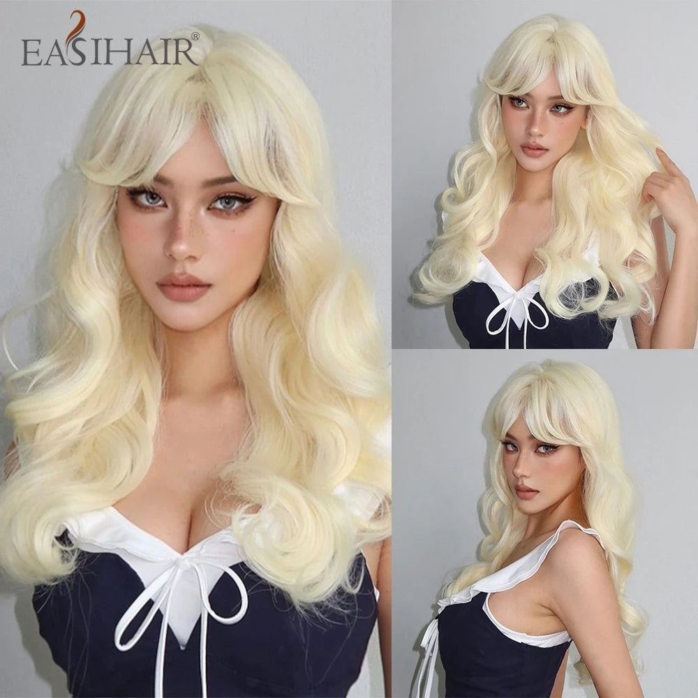 A model wearing a long blonde wavy cosplay wig with bangs, styled in a black top.