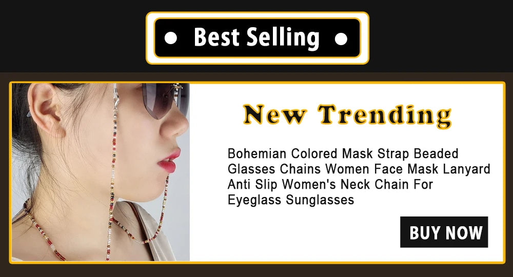 A close-up of a woman wearing bohemian colored mask strap beaded glasses chains for eyeglasses sunglasses.