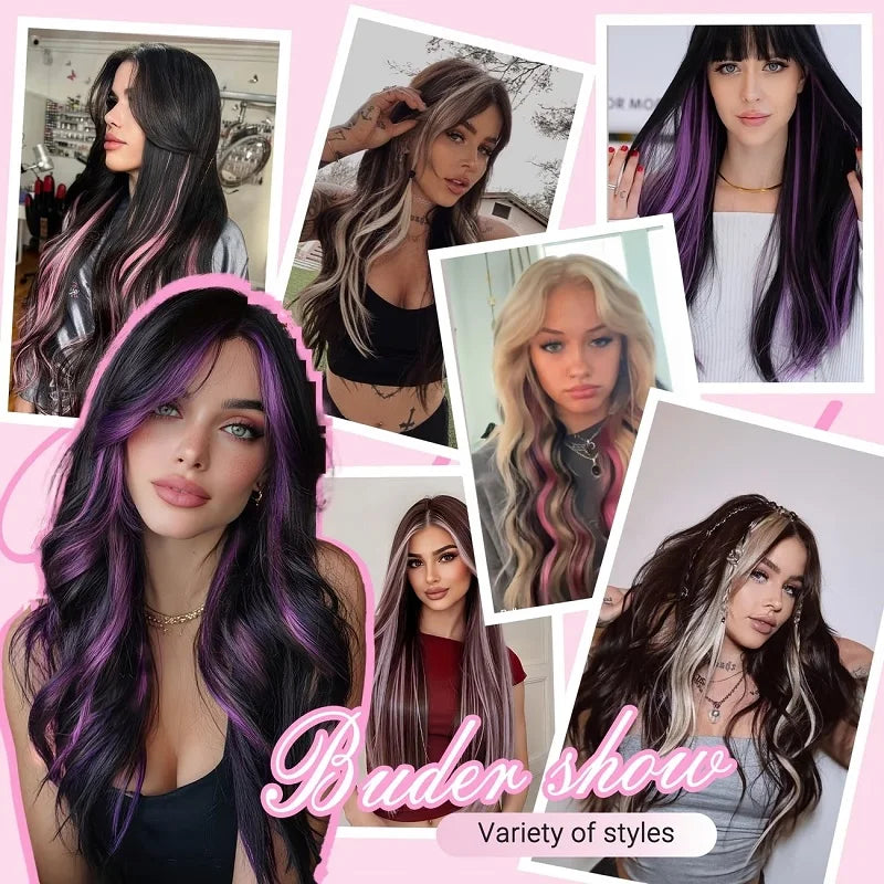 Collage de peinados morados y grises con extensiones largas y rectas.