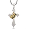 A silver stainless steel crown cross necklace with a gold-colored crown detail.