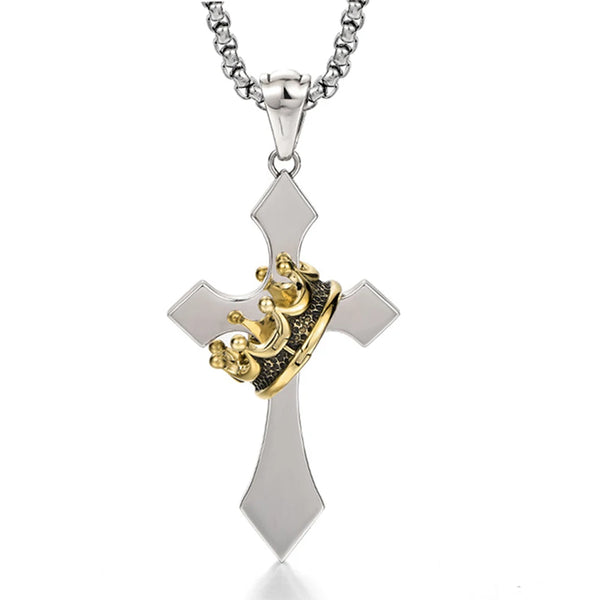 A silver stainless steel crown cross necklace with a gold-colored crown detail.