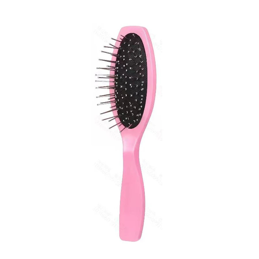 A pink anti-static steel comb hair brush with black bristles for wig grooming.