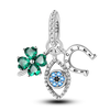 Sterling silver devil's eye charm bracelet featuring a clover and a blue gemstone pendant