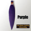 A purple pre-stretched Kanekalon braiding hair extension bundle with a heat setting label.