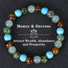 A bracelet made of various colored Tiger Eye crystals arranged in a circle.