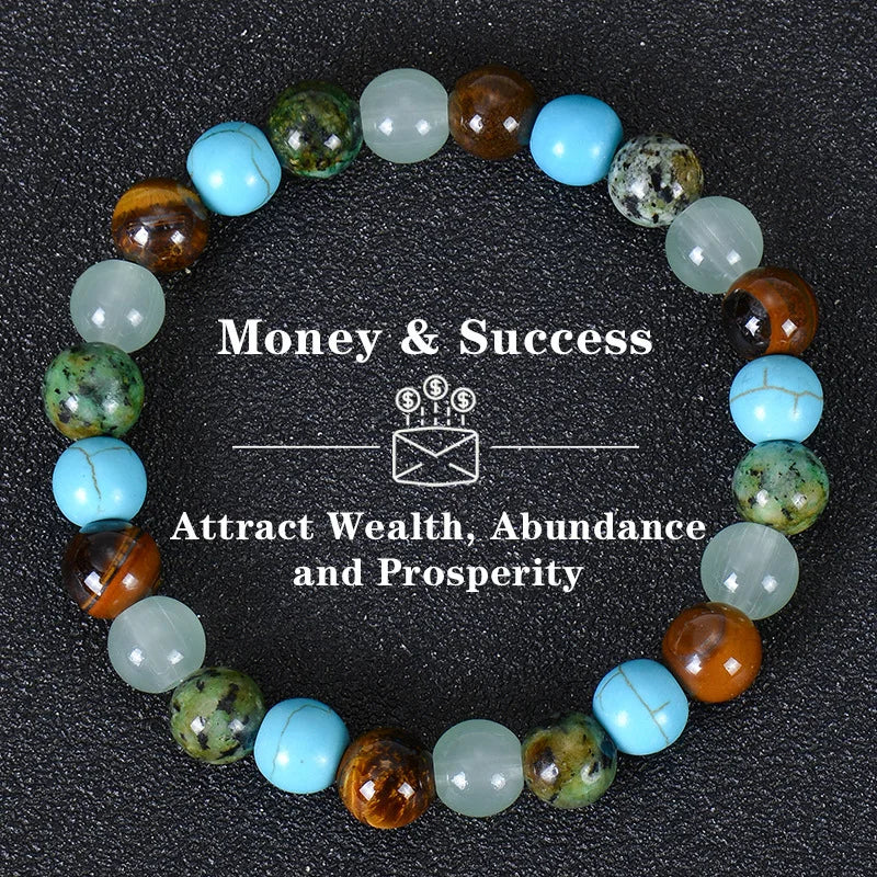 A bracelet made of various colored Tiger Eye crystals arranged in a circle.