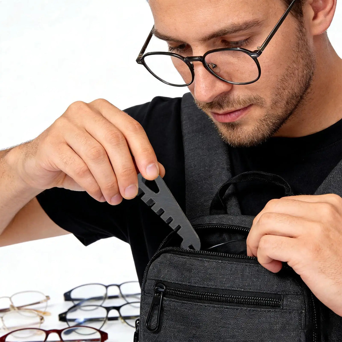 A man is using a precision eyeglass temple adjustment tool to modify eyeglasses.