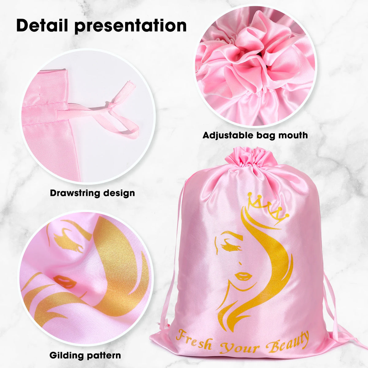 Pink satin drawstring bags featuring a gold silhouette design for storing wigs and hair extensions