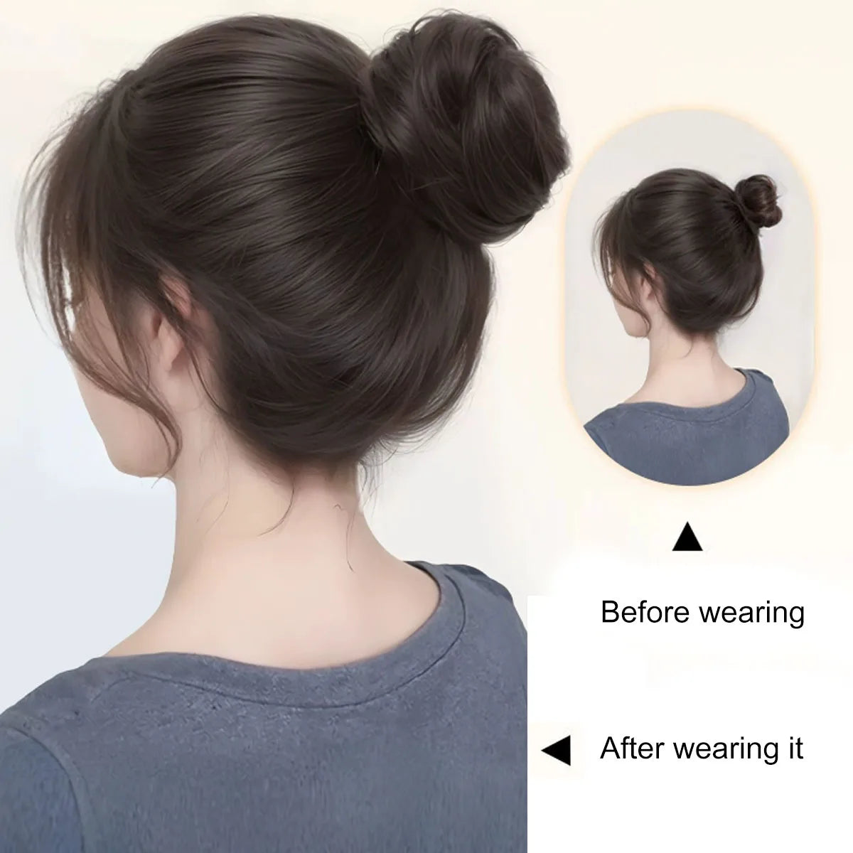 A woman's hair styled in a high bun using synthetic hair and elastic clips, showing before and after results.