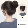 A woman's hair styled in a high bun using synthetic hair and elastic clips, showing before and after results.