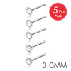 Five packs of stainless steel nostril studs with crystal and gold finish, 3.0mm size.