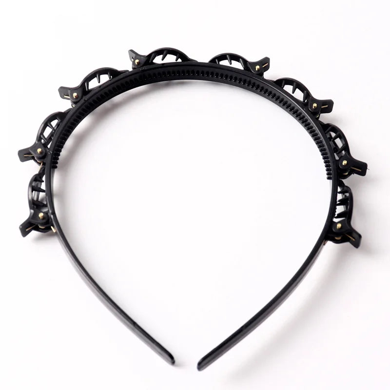Black multi-layer braided hair headband clip with decorative metal accents