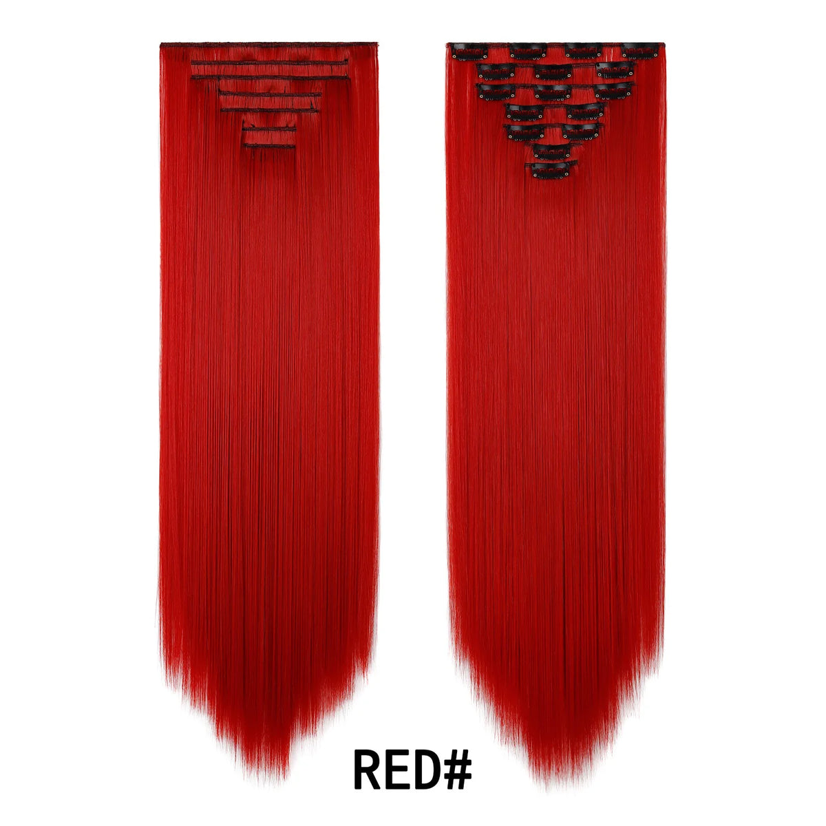 A pair of vibrant red hair extensions shown against a white background.
